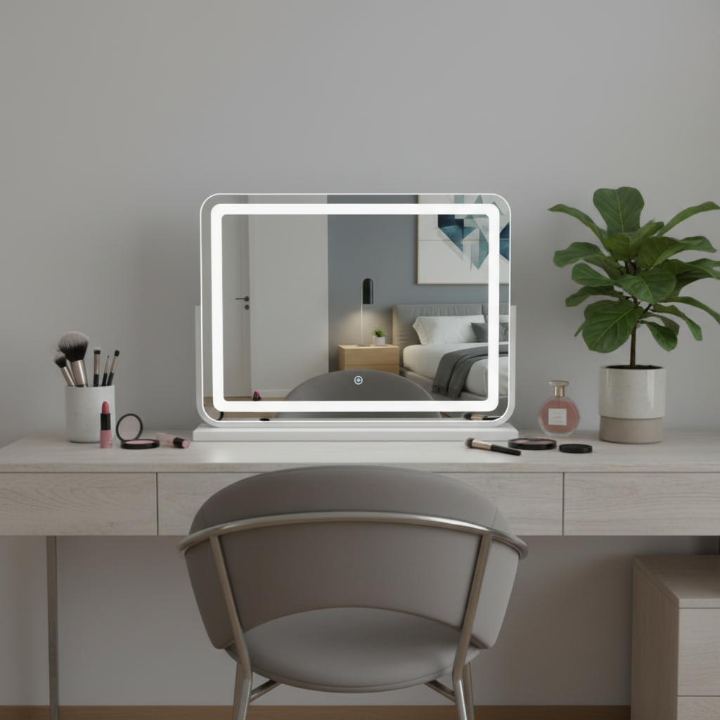 מראת לד מעוצבת עם תאורה לשידת איפור בצבע לבן 60*45