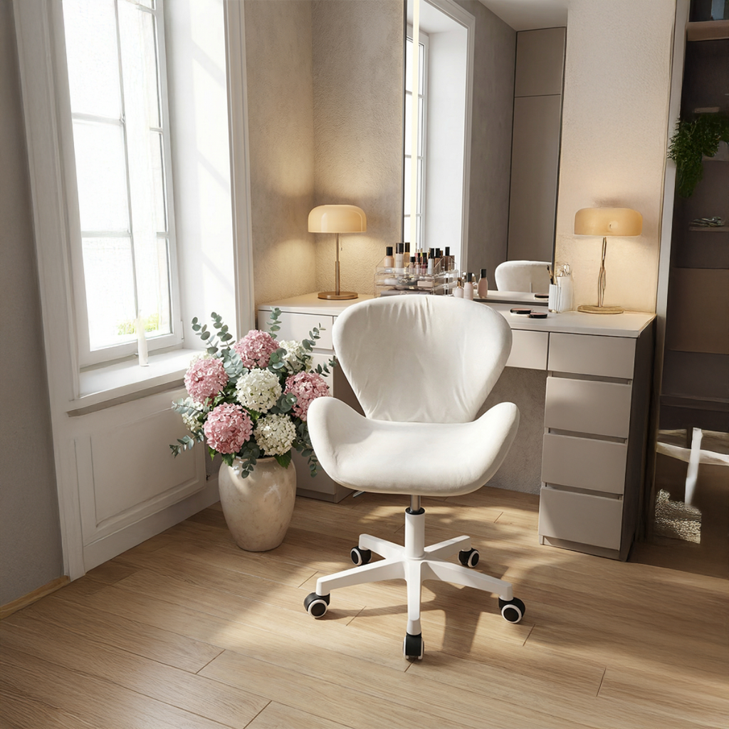 כסא קטיפה עם גלגלים בעיצוב ייחודי בצבע לבן דגם לונדון