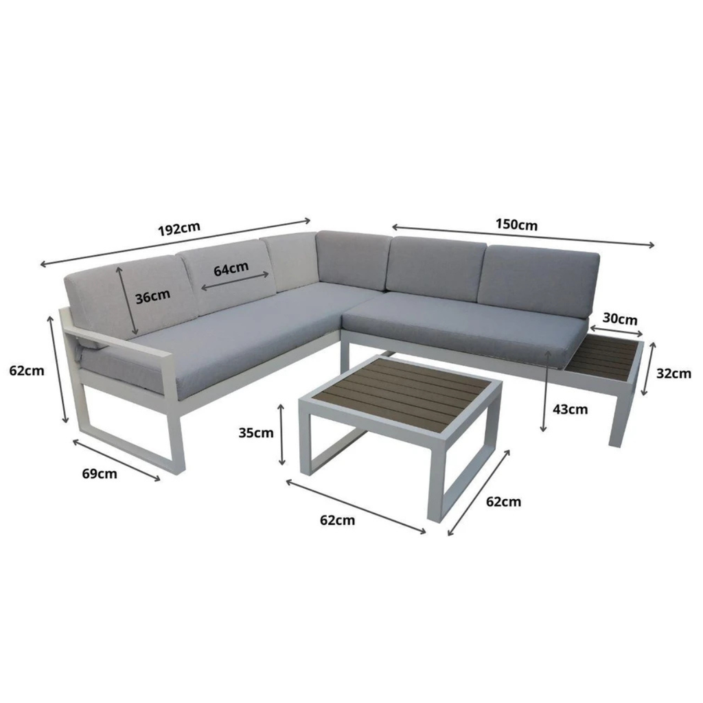 מערכת ישיבה פינתית מאלומיניום בצבע לבן דגם מיאמי
