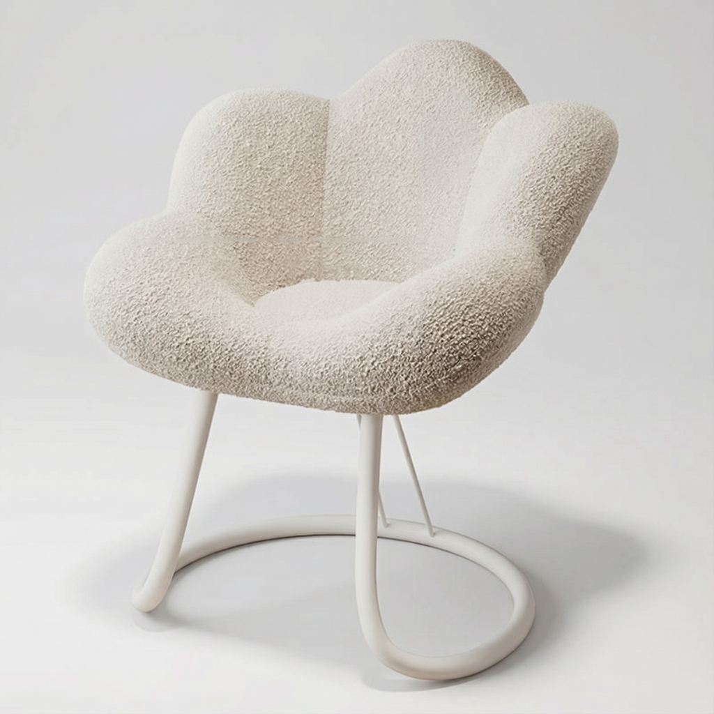 כסא בוקלה בעיצוב פרח לשידת איפור בצבע לבן