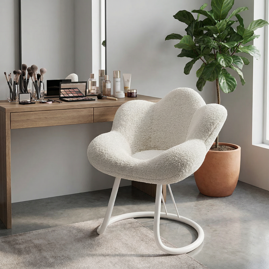 כסא בוקלה בעיצוב פרח לשידת איפור בצבע לבן