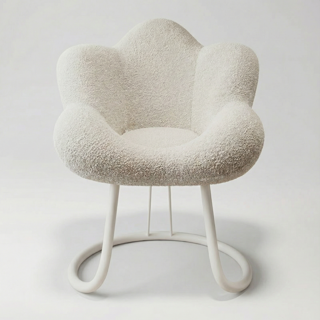 כסא בוקלה בעיצוב פרח לשידת איפור בצבע לבן