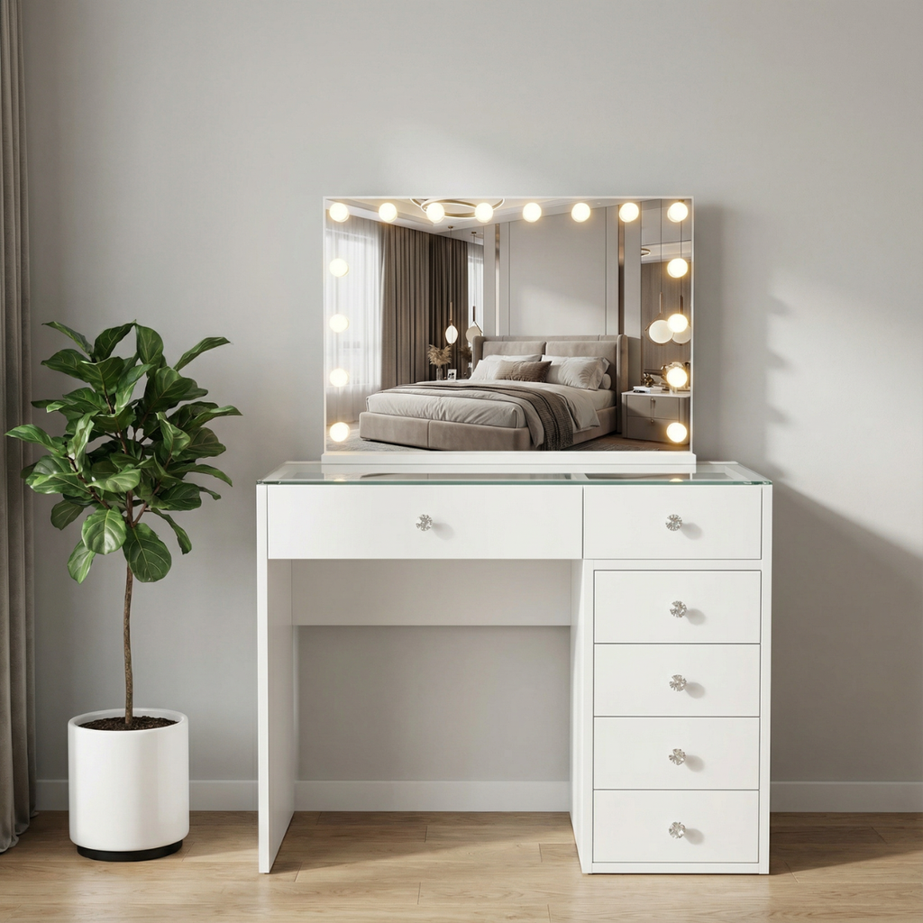 שידת איפור מקצועית עם מגירות אחסון כולל מראת הוליווד דגם ברצלונה