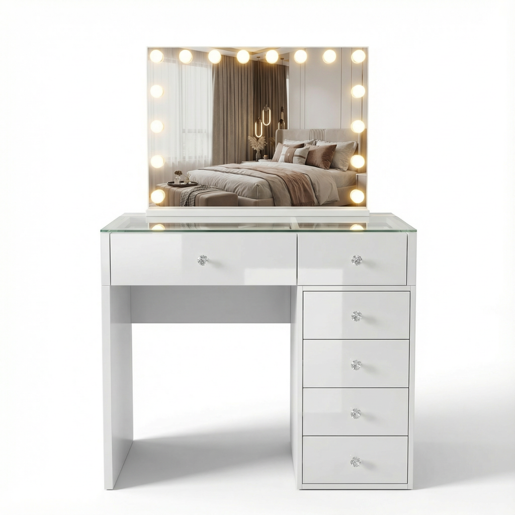 שידת איפור מקצועית עם מגירות אחסון כולל מראת הוליווד דגם ברצלונה