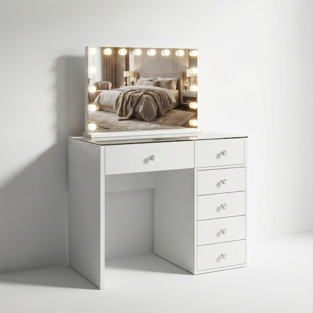 שידת איפור מקצועית עם מגירות אחסון כולל מראת הוליווד דגם ברצלונה