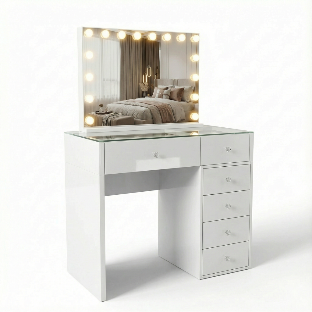 שידת איפור מקצועית עם מגירות אחסון כולל מראת הוליווד דגם ברצלונה