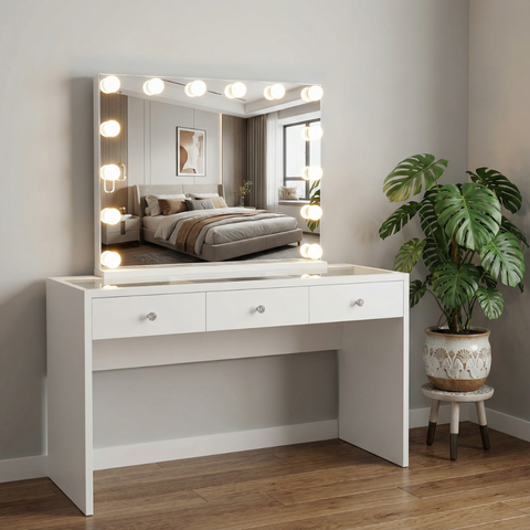 שידת איפור מקצועית בצבע לבן כולל מראת הוליווד דגם טורינו