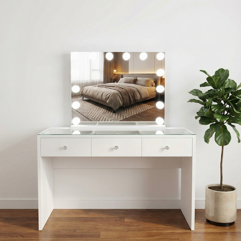 שידת איפור מקצועית בצבע לבן כולל מראת הוליווד דגם טורינו