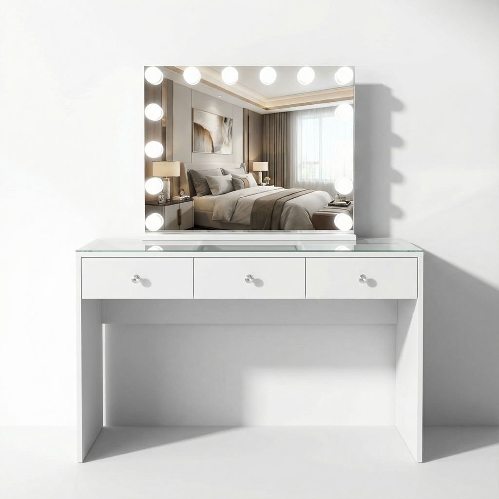 שידת איפור מקצועית בצבע לבן כולל מראת הוליווד דגם טורינו