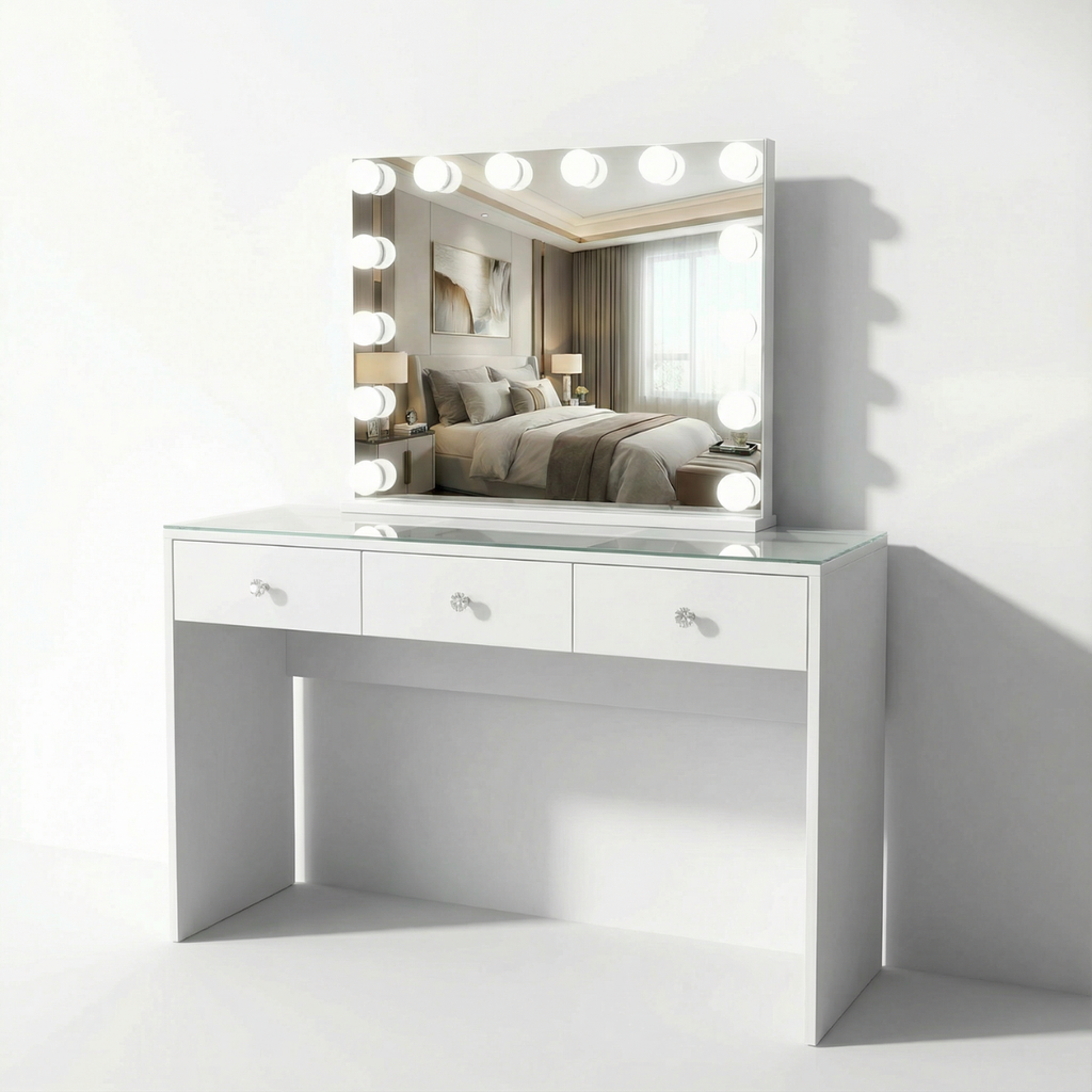 שידת איפור מקצועית בצבע לבן כולל מראת הוליווד דגם טורינו