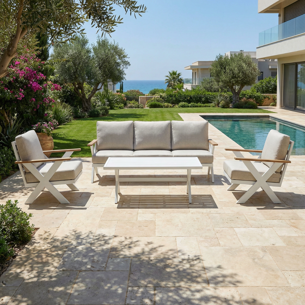 פינת ישיבה מפוארת ואיכותית מאלומיניום בצבע לבן דגם קולומבוס