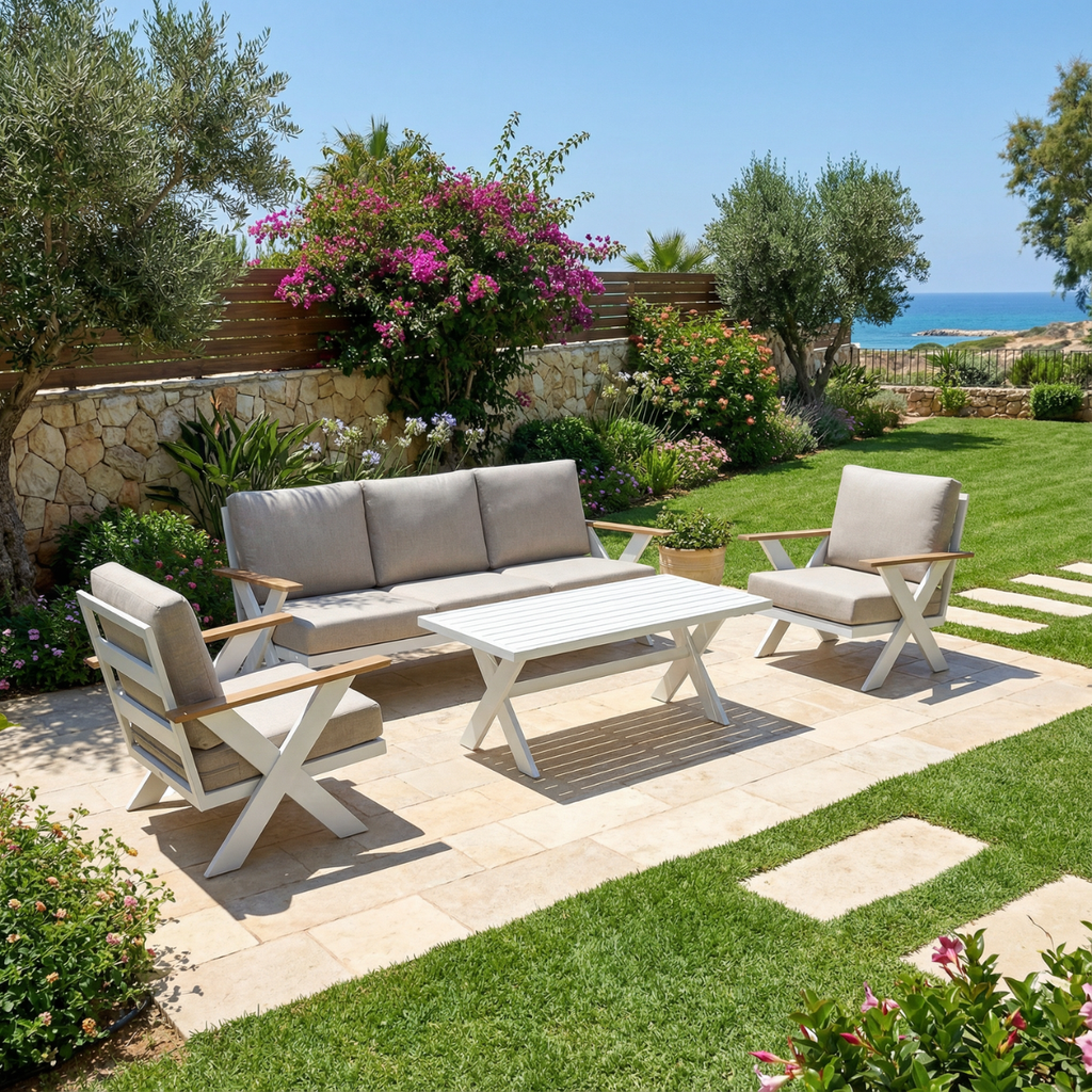 פינת ישיבה מפוארת ואיכותית מאלומיניום בצבע לבן דגם קולומבוס