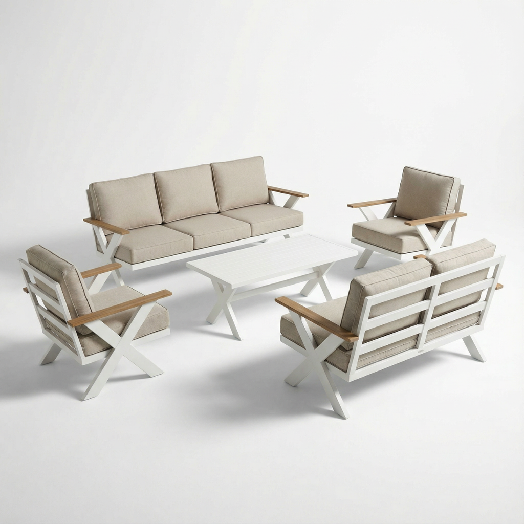 מערכת ישיבה מפוארת ואיכותית מאלומיניום 7 מקומות בצבע לבן דגם קולומבוס