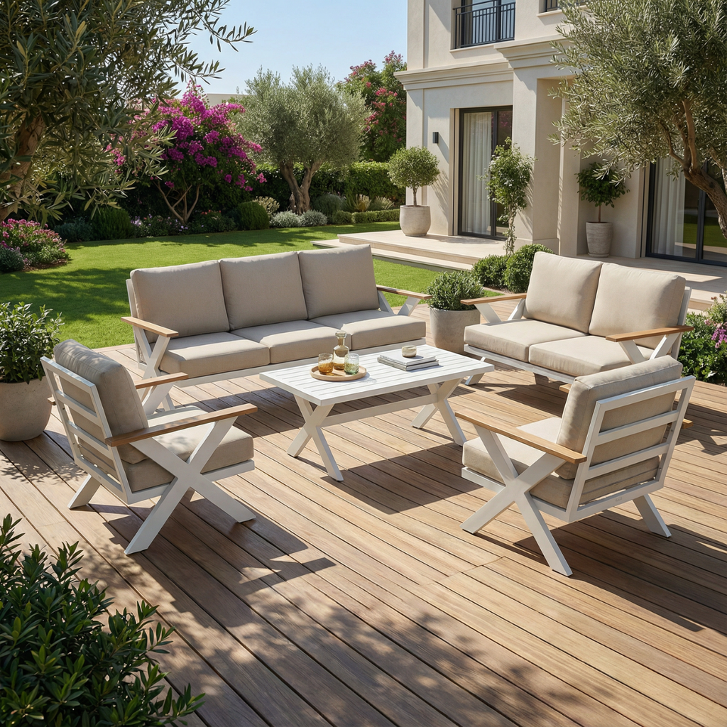 מערכת ישיבה מפוארת ואיכותית מאלומיניום 7 מקומות בצבע לבן דגם קולומבוס