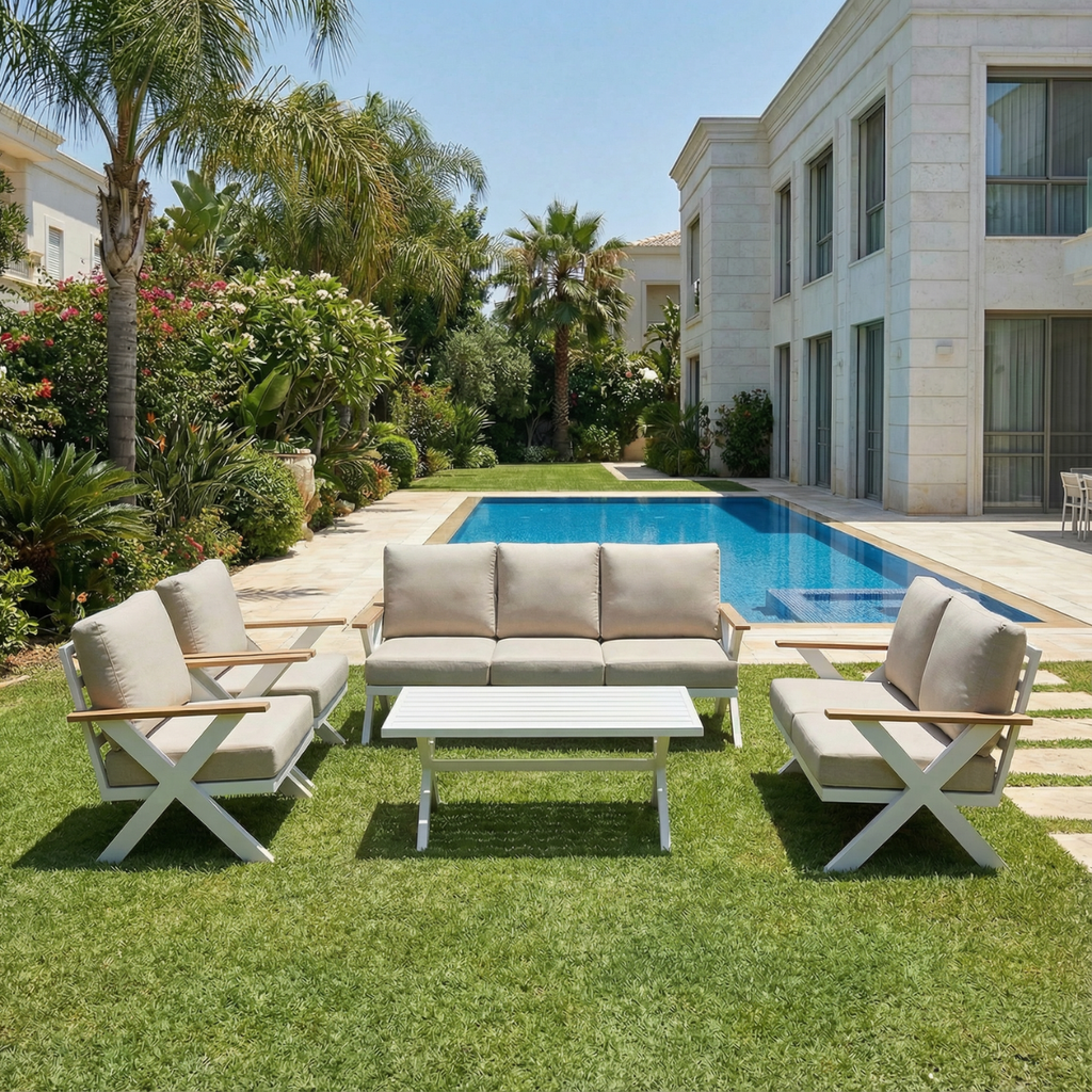 מערכת ישיבה מפוארת ואיכותית מאלומיניום 7 מקומות בצבע לבן דגם קולומבוס