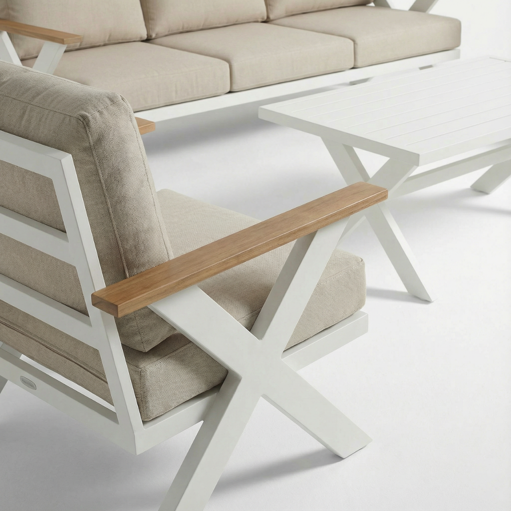 מערכת ישיבה מפוארת ואיכותית מאלומיניום 7 מקומות בצבע לבן דגם קולומבוס