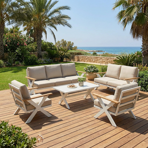 מערכת ישיבה מפוארת ואיכותית מאלומיניום 7 מקומות בצבע לבן דגם קולומבוס