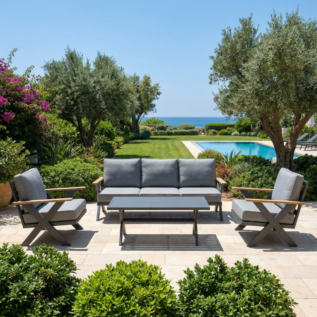 פינת ישיבה מפוארת ואיכותית מאלומיניום בצבע אפור דגם קולומבוס