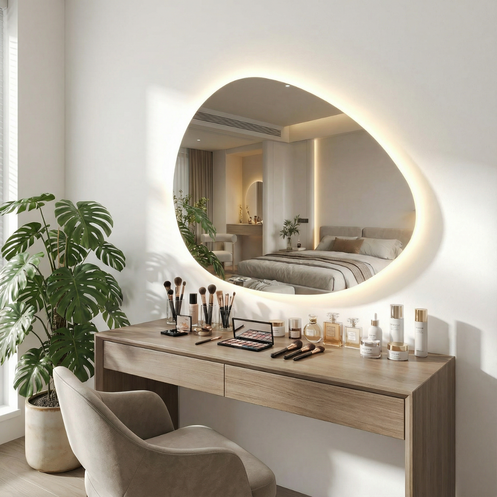 מראת קיר עם תאורת לד היקפית ומפיג אדים