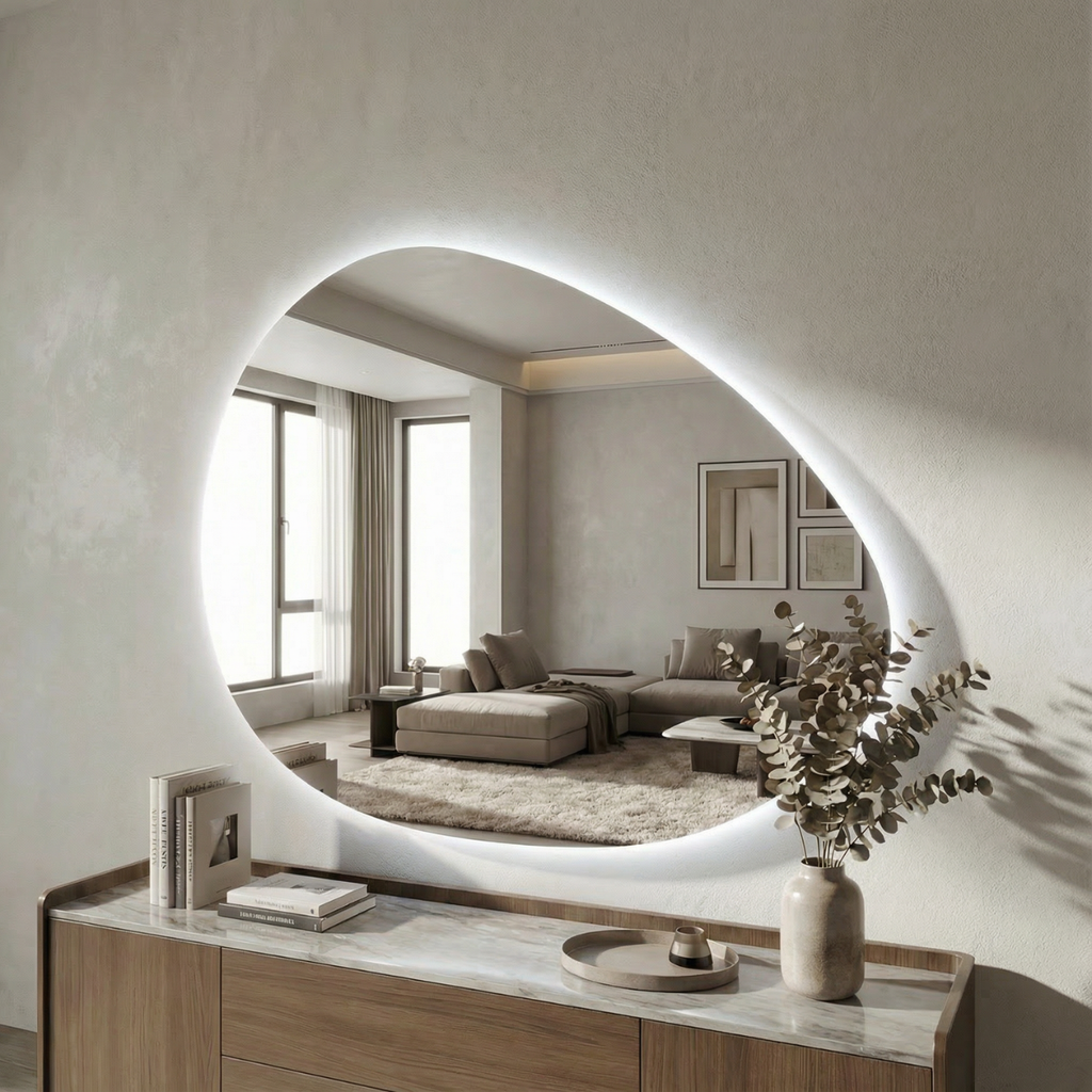 מראת קיר עם תאורת לד היקפית ומפיג אדים