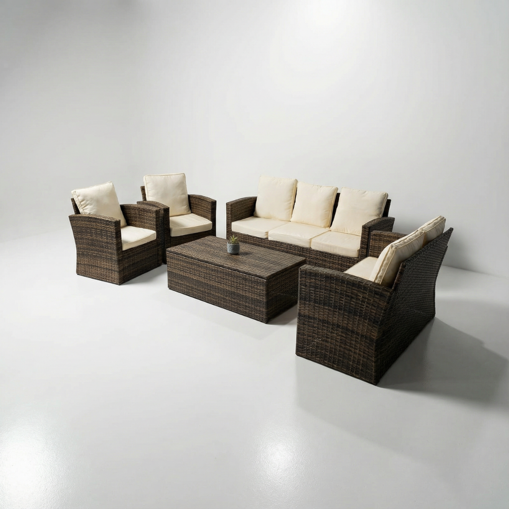 מערכת ישיבה ענקית מראטן איכותי 7 מקומות ישיבה כולל שולחן עם אחסון דגם הוליווד