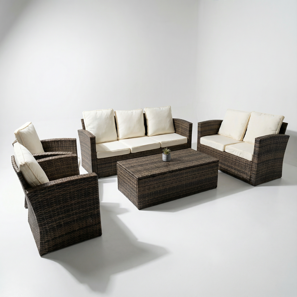 מערכת ישיבה ענקית מראטן איכותי 7 מקומות ישיבה כולל שולחן עם אחסון דגם הוליווד