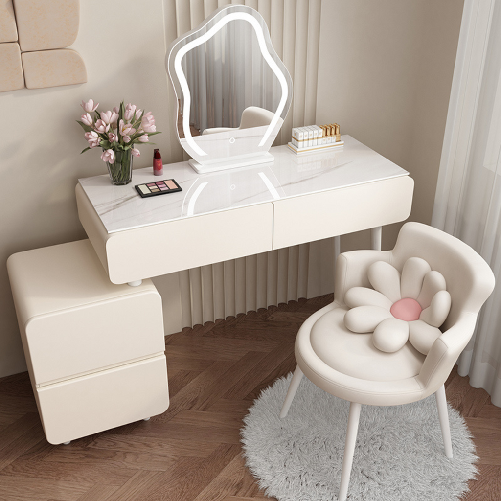 שידת איפור מעוצבת עם שידת צד כולל כסא ומראה דגם פורטו