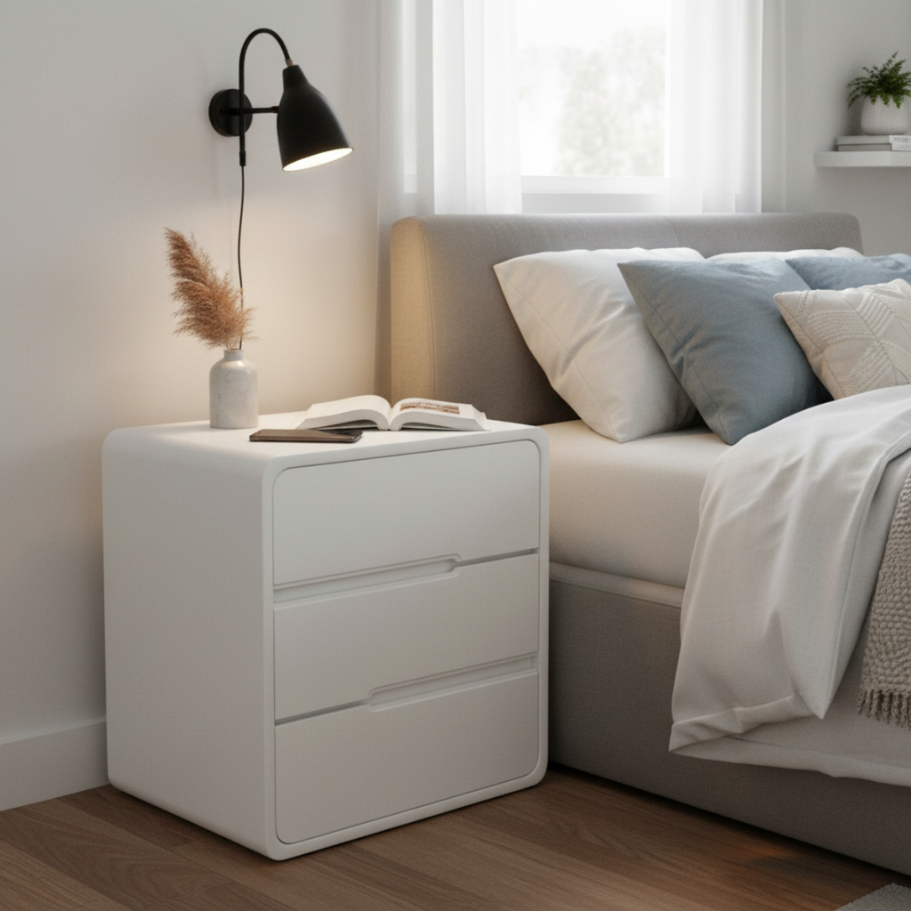 שידת לילה מעוצבת לחדר שינה בצבע לבן