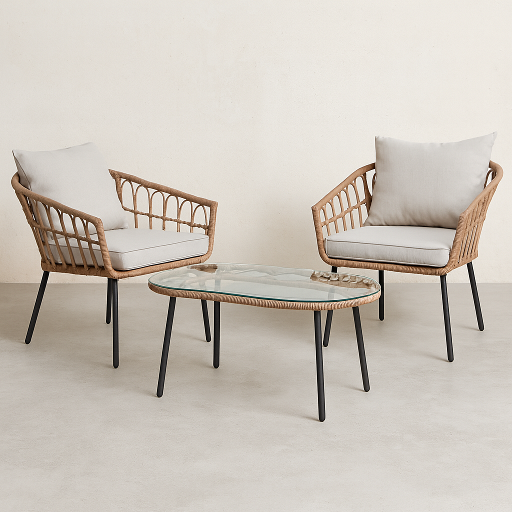 סט כורסאות מראטן לגינה ולמרפסת כולל שולחן דגם מלדיביים