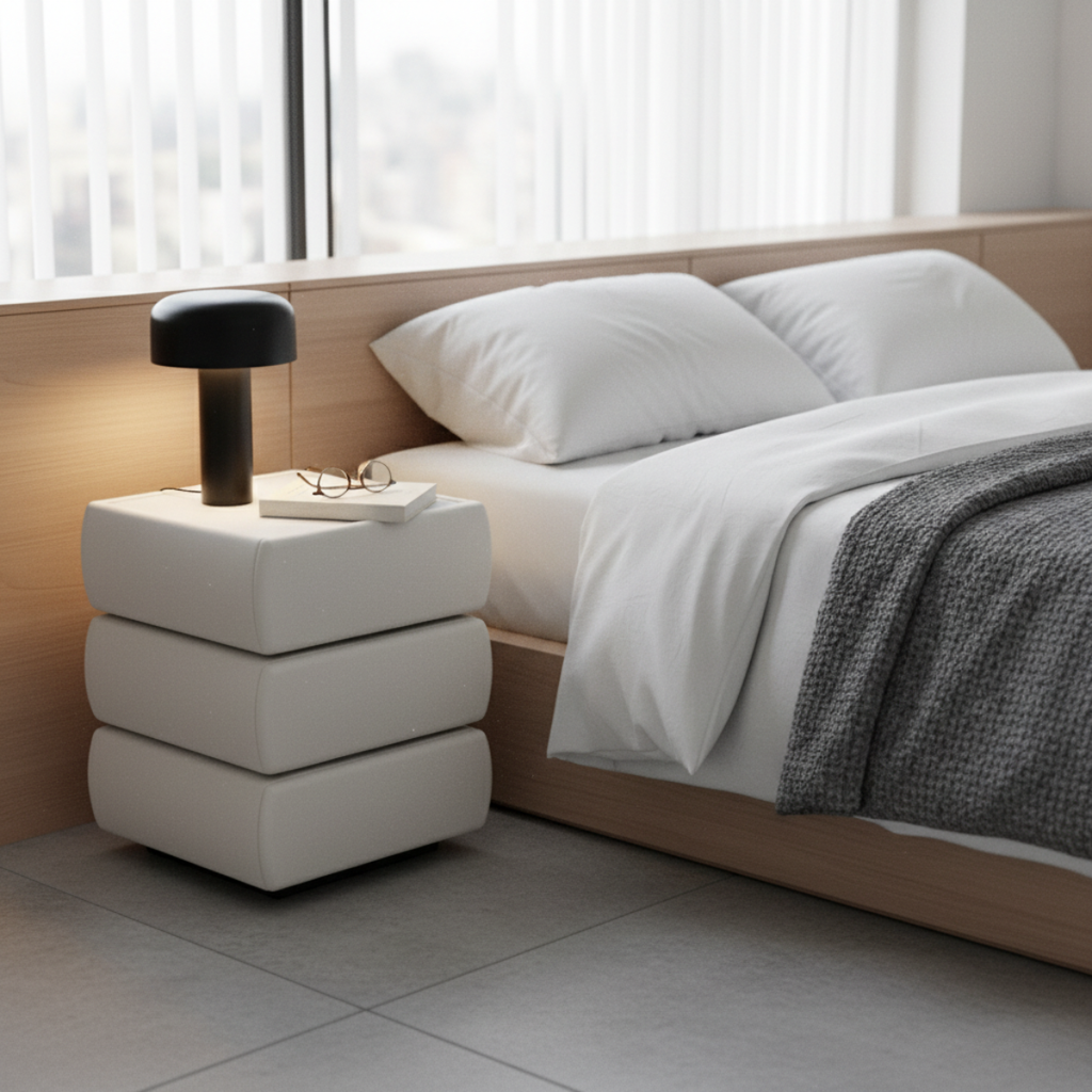 שידת לילה מעוצבת עם מגירות לחדר שינה בצבע לבן דגם לונדון