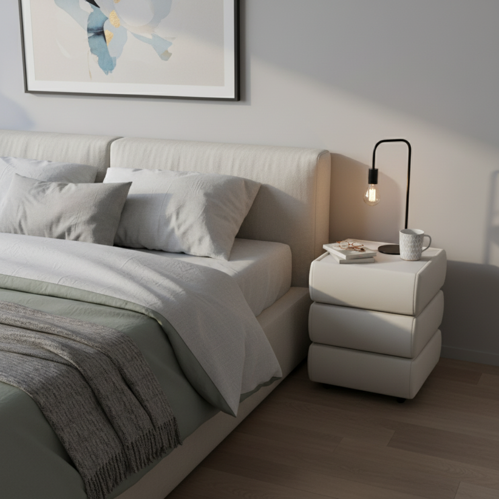 שידת לילה מעוצבת עם מגירות לחדר שינה בצבע לבן דגם לונדון