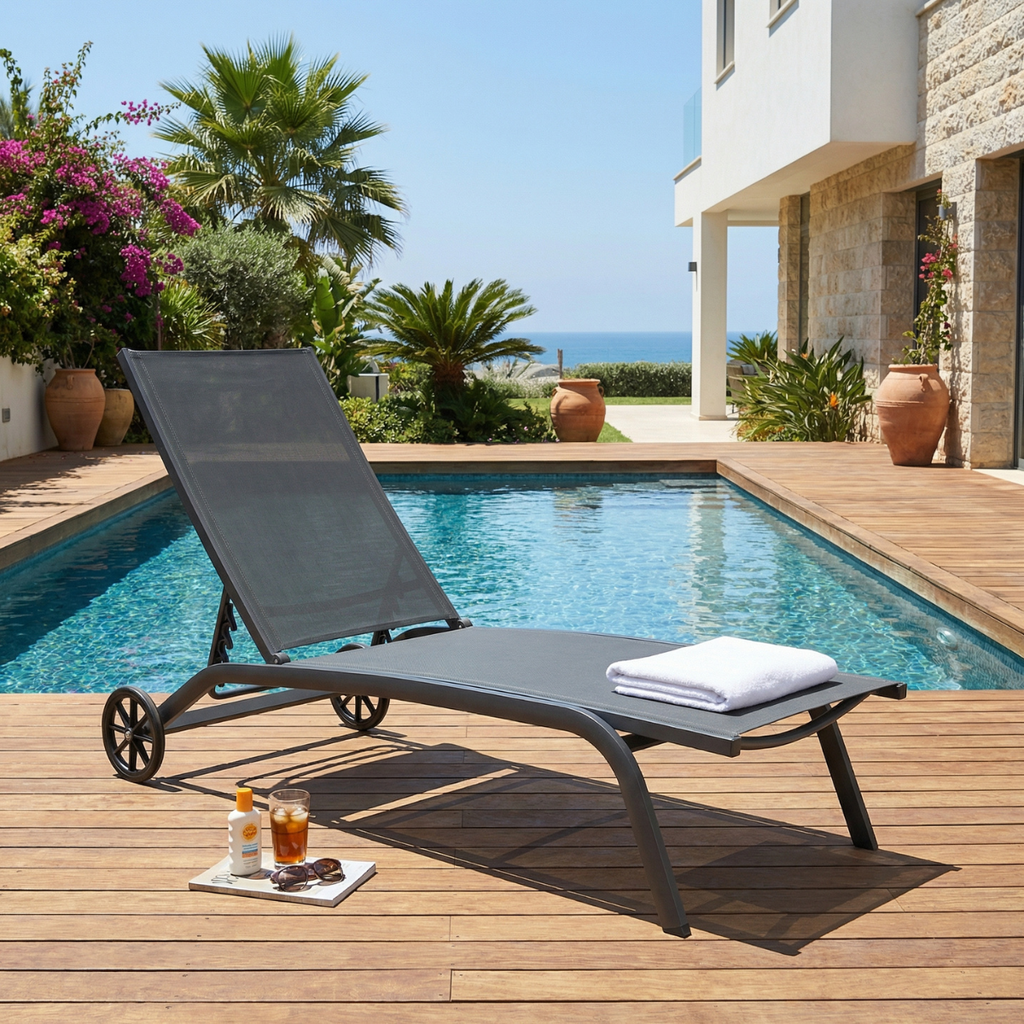 מיטת שיזוף מאלומיניום עם גלגלים לגינה ולמרפסת דגם מאליבו