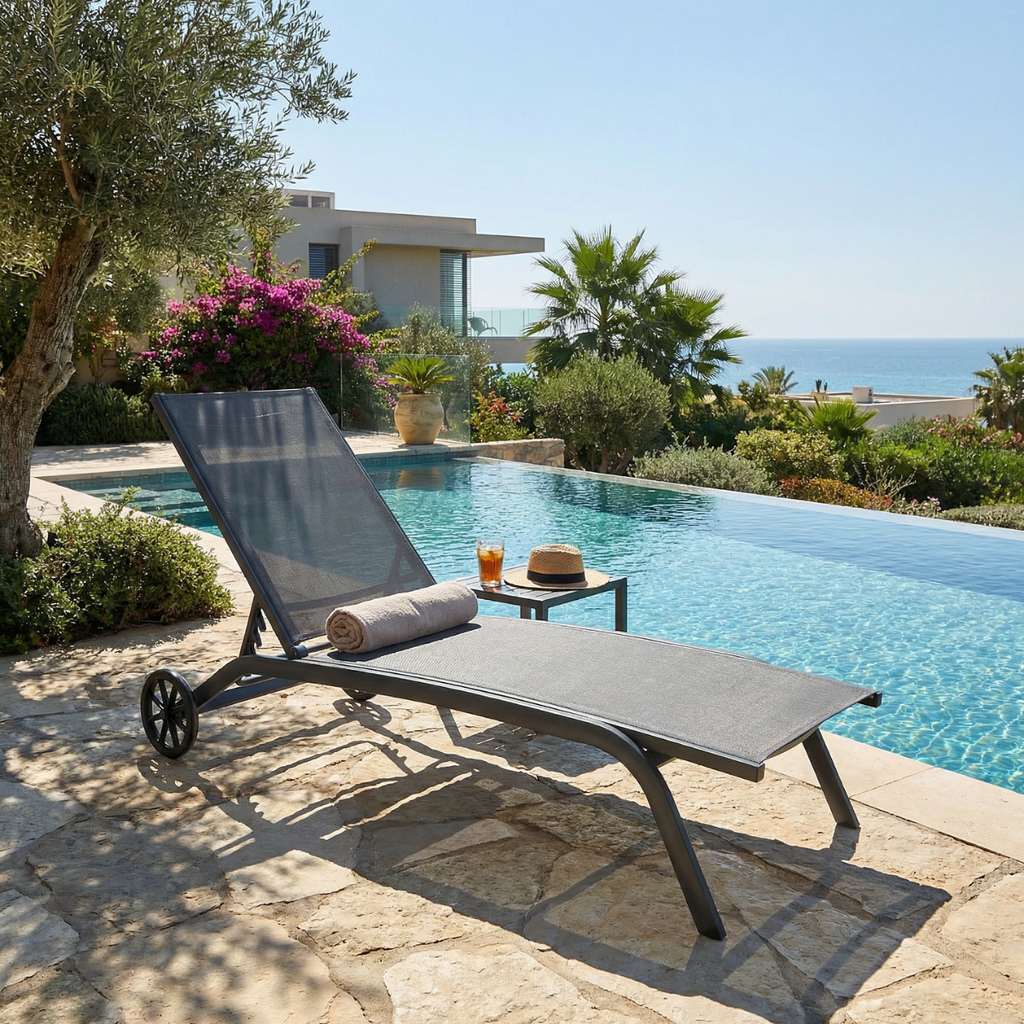 מיטת שיזוף מאלומיניום עם גלגלים לגינה ולמרפסת דגם מאליבו