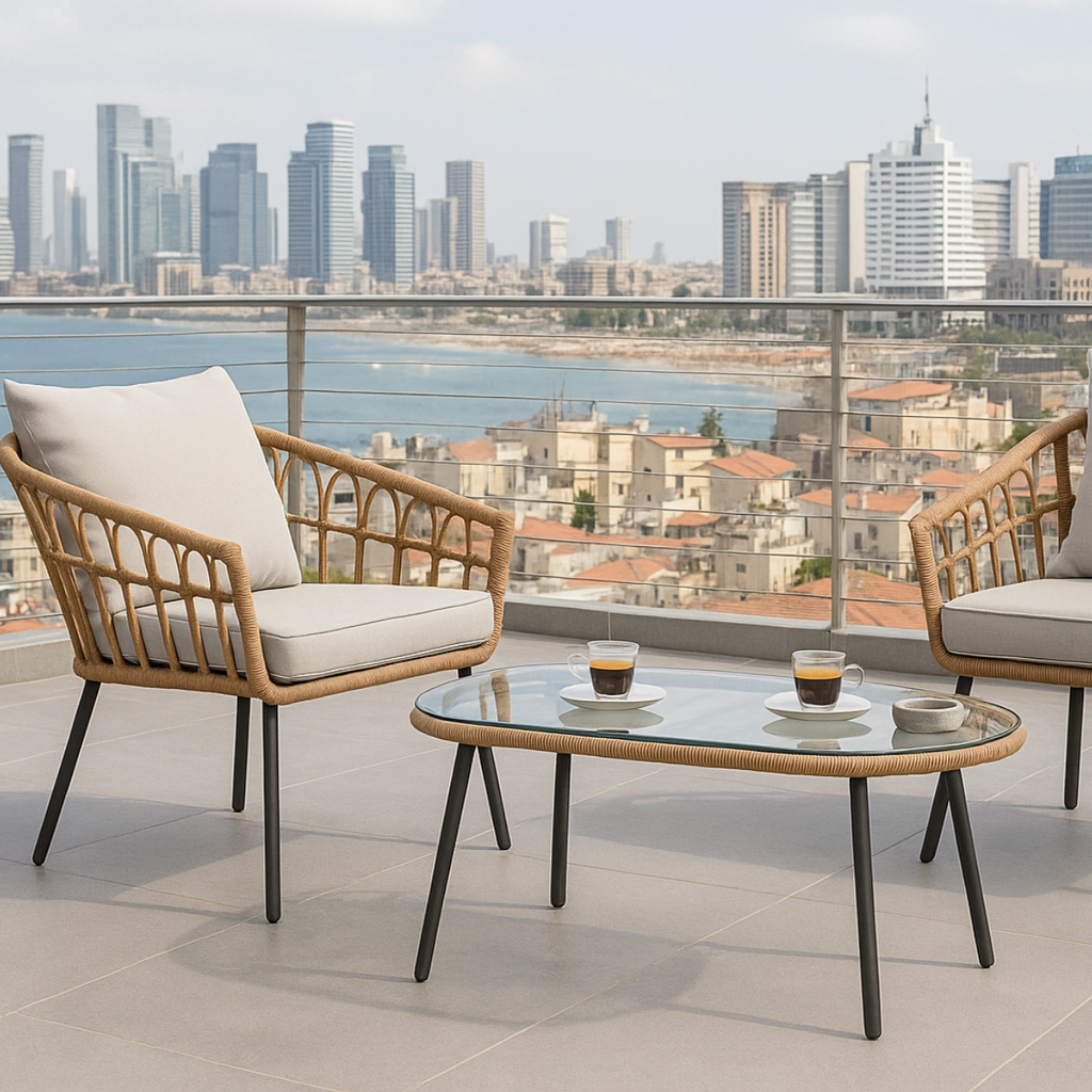 סט כורסאות מראטן לגינה ולמרפסת כולל שולחן דגם מלדיביים