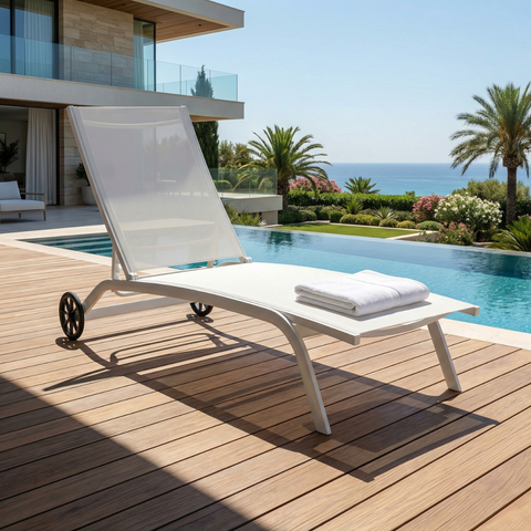 מיטת שיזוף מאלומיניום עם גלגלים לגינה ולמרפסת בצבע לבן דגם מאליבו