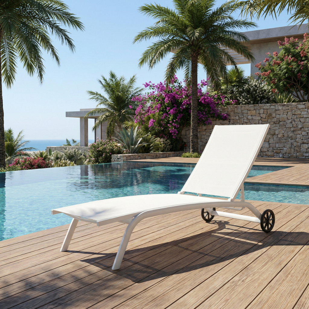 מיטת שיזוף מאלומיניום עם גלגלים לגינה ולמרפסת בצבע לבן דגם מאליבו