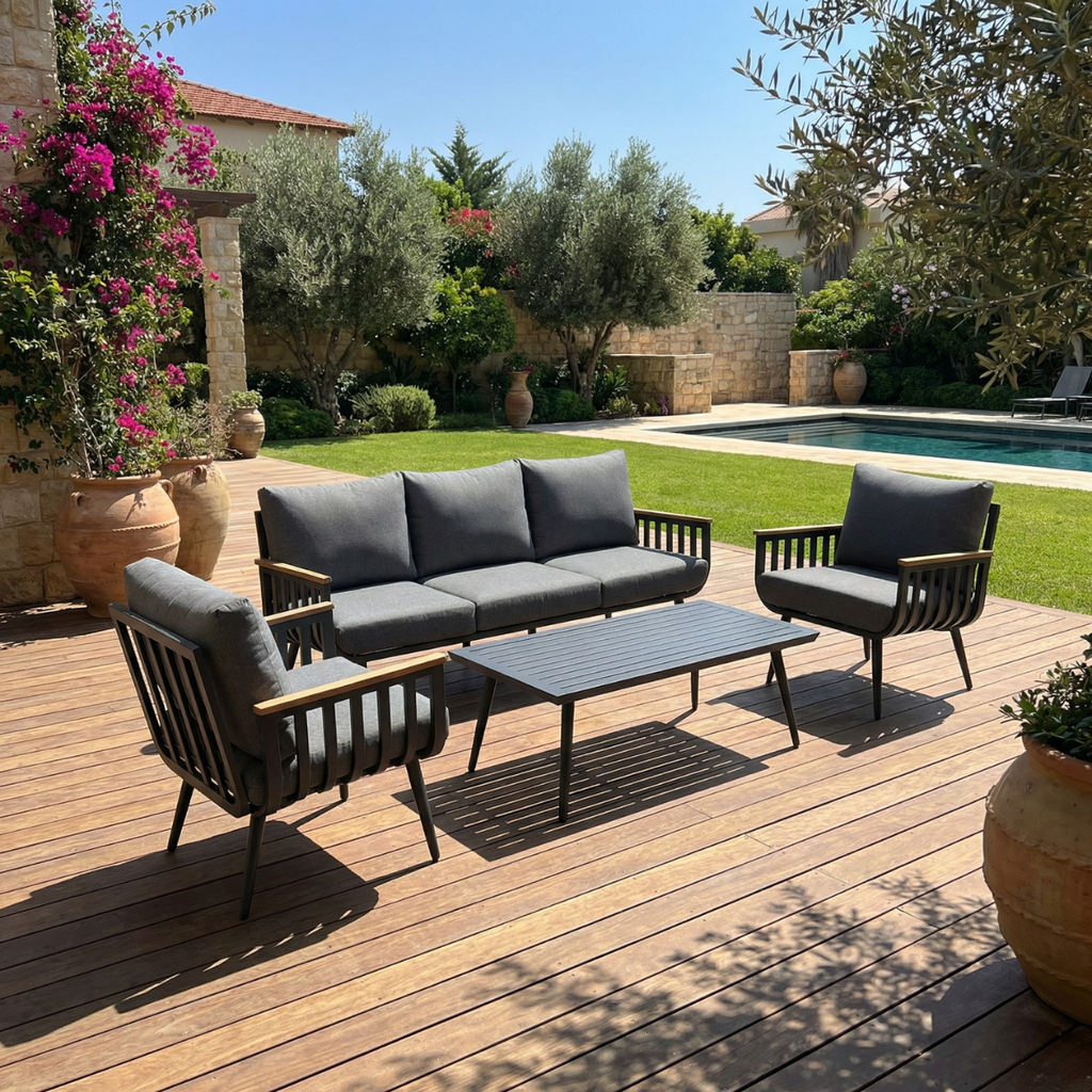 פינת ישיבה איכותית מעוצבת מאלומיניום בצבע אפור דגם בוסטון