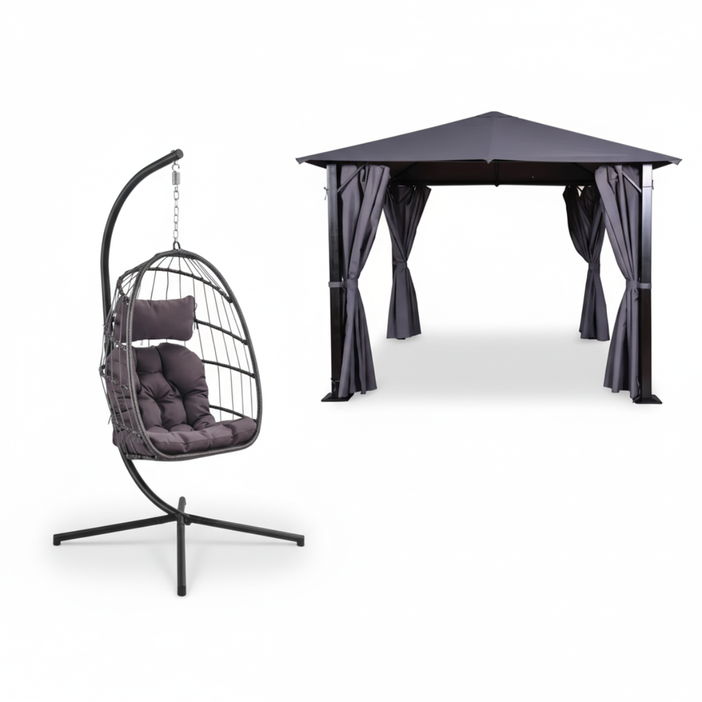 באנדל - גזיבו מאסיבי ואיכותי כולל וילונות סגירה + ערסל ראטן לגינה בשילוב חבלים