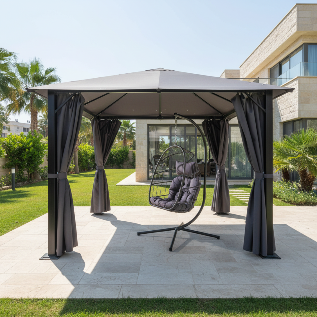 באנדל - גזיבו מאסיבי ואיכותי כולל וילונות סגירה + ערסל ראטן לגינה בשילוב חבלים