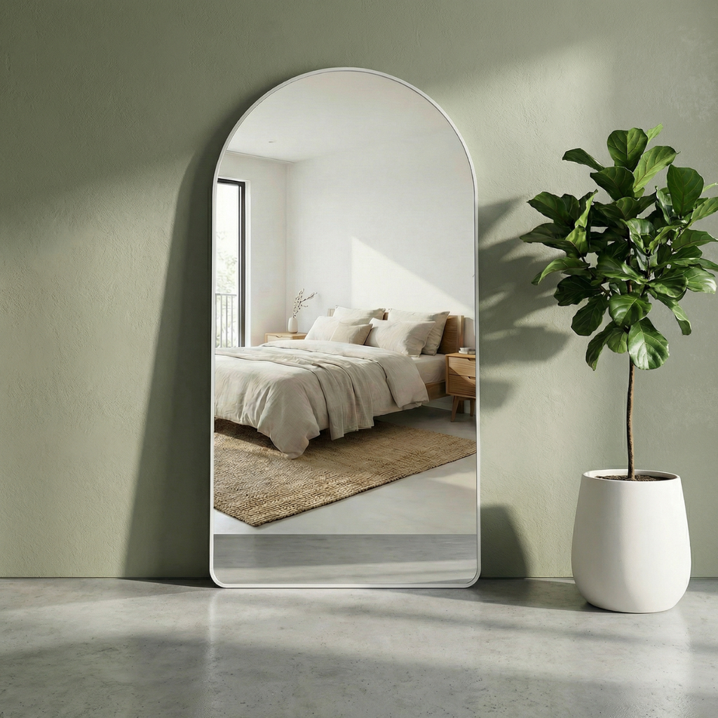 מראת גוף גדולה עם מסגרת לבנה נתלית ועומדת 80*180