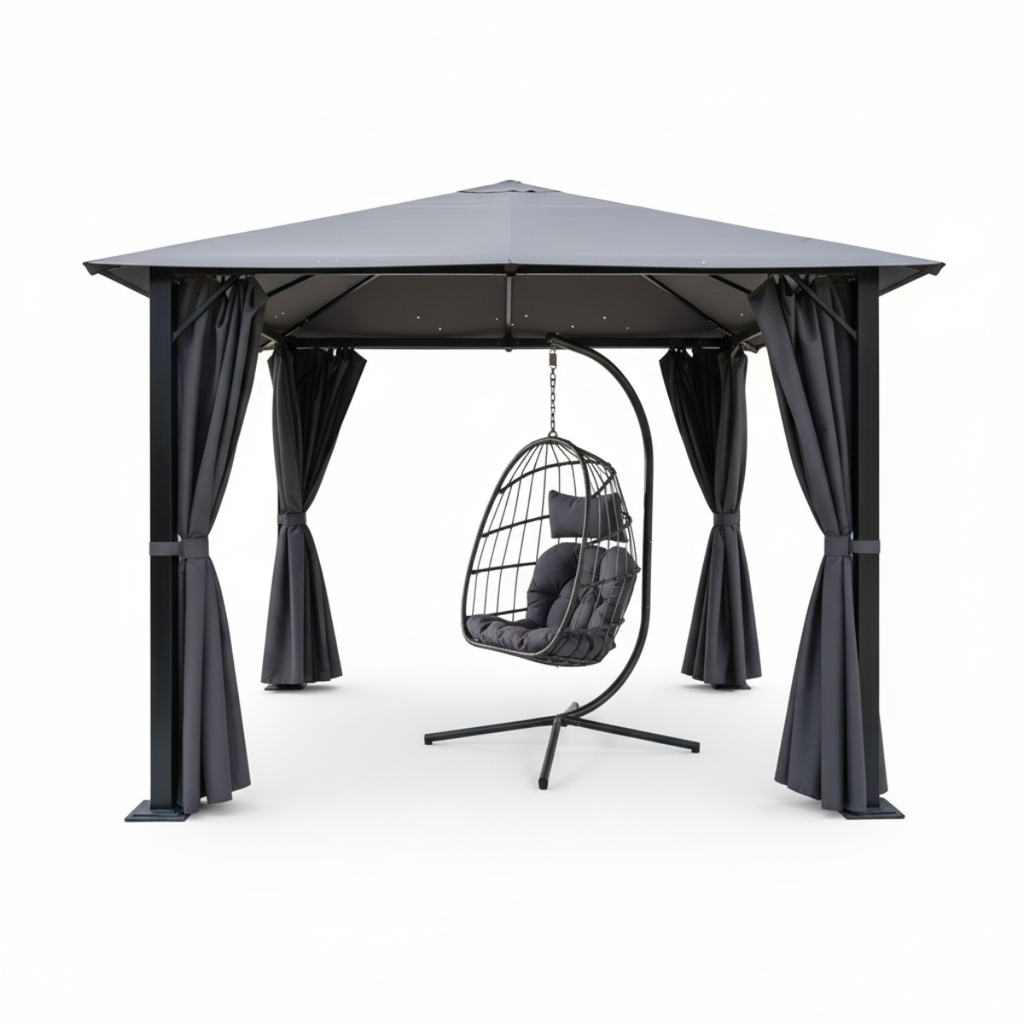 באנדל - גזיבו מאסיבי ואיכותי כולל וילונות סגירה + ערסל ראטן לגינה בשילוב חבלים