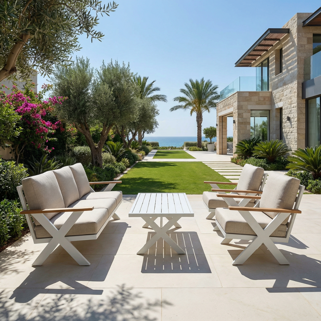 פינת ישיבה מפוארת ואיכותית מאלומיניום בצבע לבן דגם קולומבוס