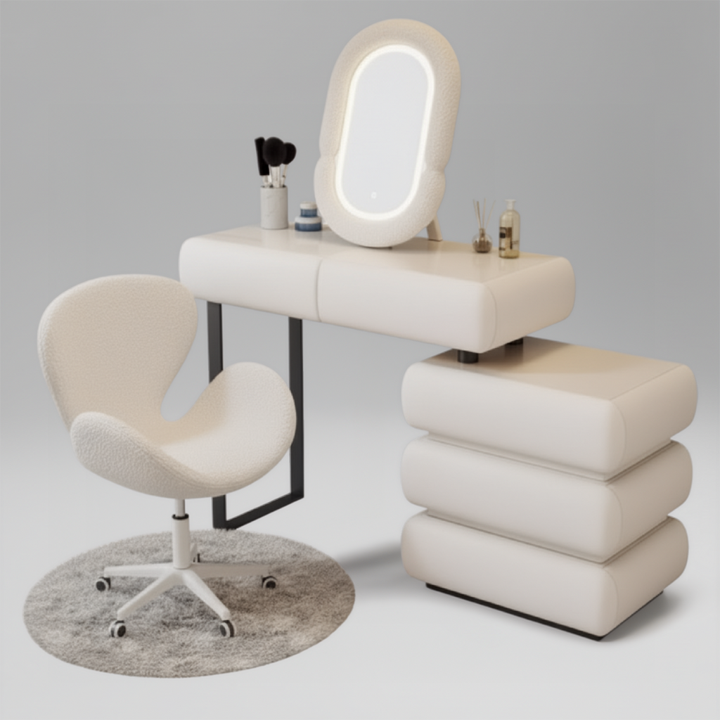 שידת איפור בעיצוב ייחודי עם שידת צד כולל כסא ומראה דגם לונדון