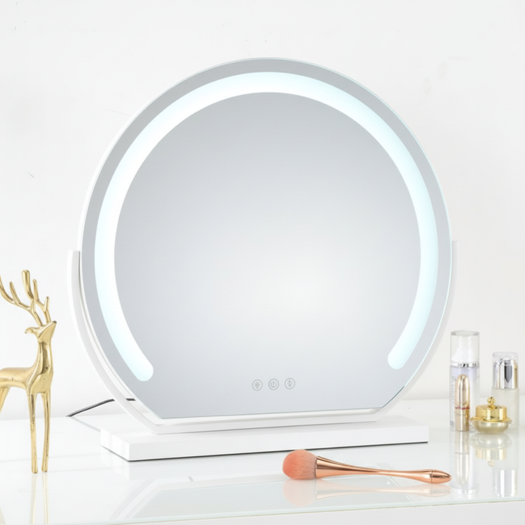 מראת איפור שולחנית עגולה עם תאורת לד חכמה בצבע שחור\לבן