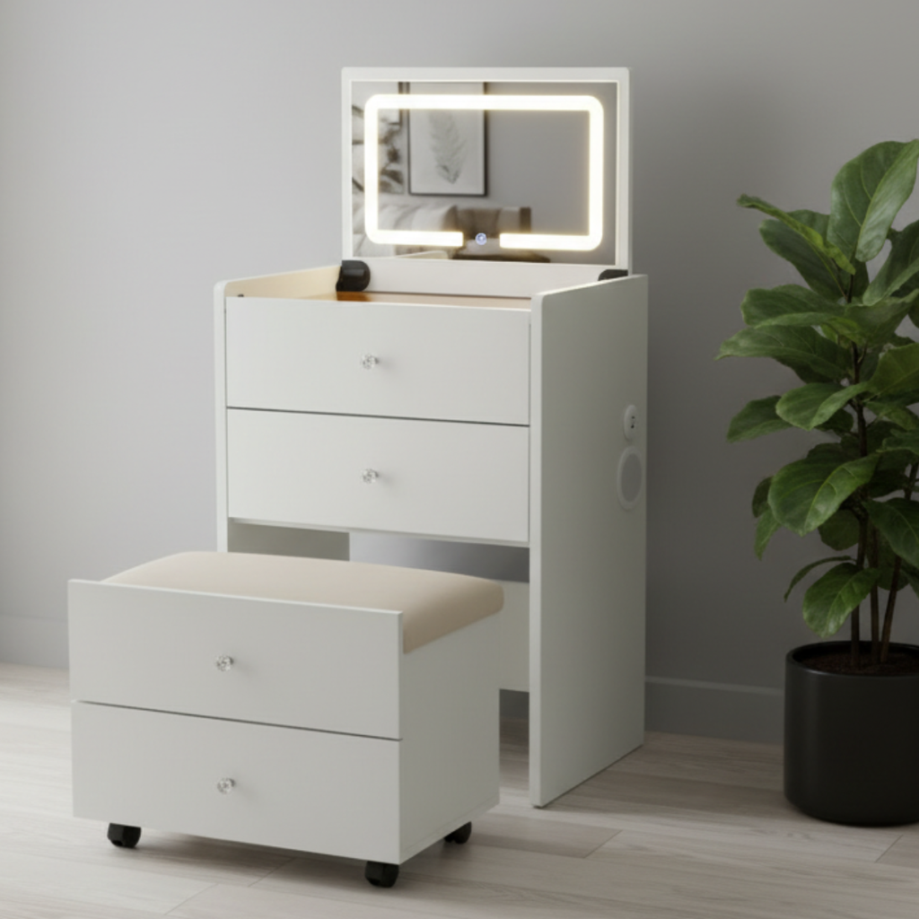 שידת איפור חכמה עם בלוטוס כולל מגירות , כסא נשלף ומראת לד דגם איטליה