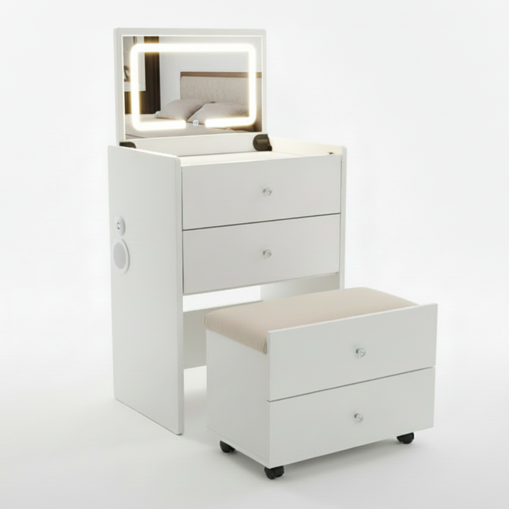 שידת איפור חכמה עם בלוטוס כולל מגירות , כסא נשלף ומראת לד דגם איטליה