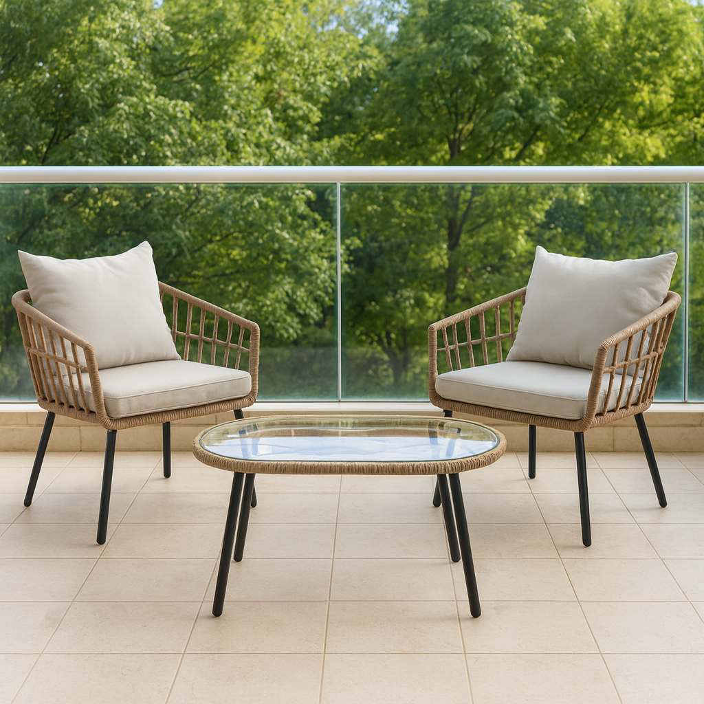 סט כורסאות מראטן לגינה ולמרפסת כולל שולחן דגם מלדיביים