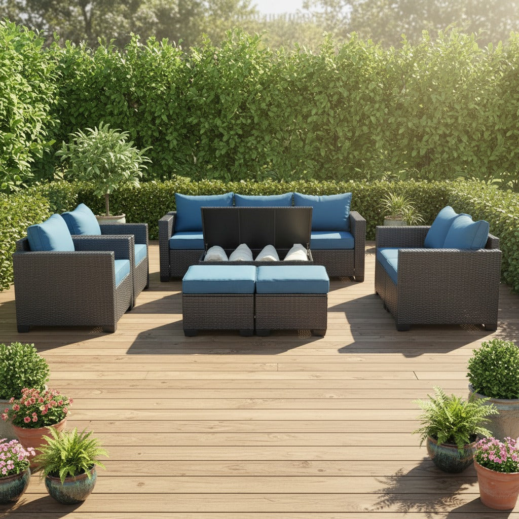 מערכת ישיבה ענקית לגינה 9 מקומות ישיבה בצבע חום דגם אוסטין