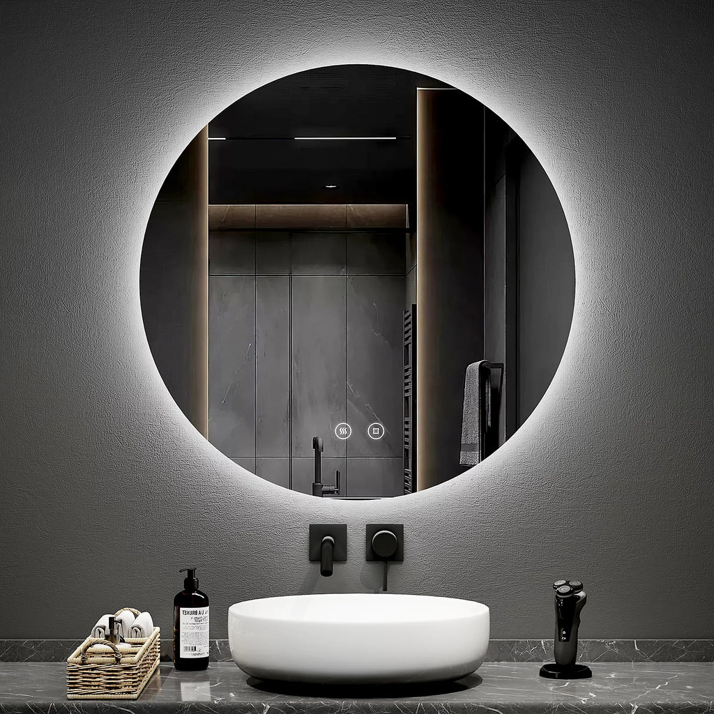 מראה עגולה עם תאורת לד היקפית ומפיג אדים קוטר 80 ס"מ